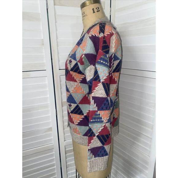 VTG 90s Eddie Bauer Wool Blend Geometric Patchwork Cardigan Sweater Sz Large - Picture 6 of 8